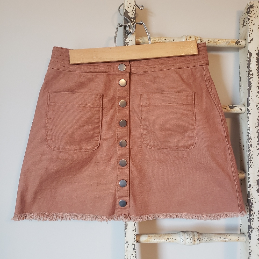 Madewell Brown Denim Mini Skirt High Rise Snap Front Raw Hem Western Size 2
